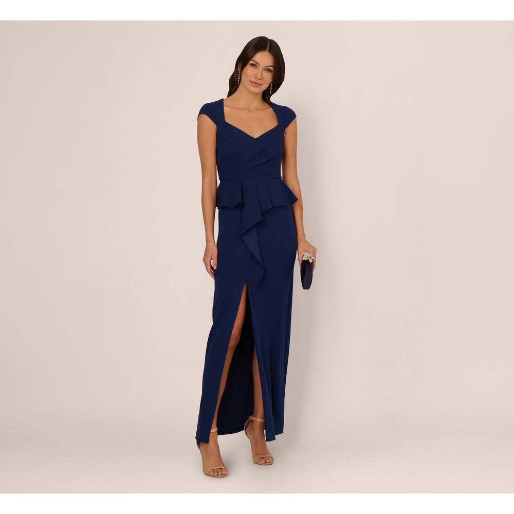 Adrianna Papell Cap Sleeve Draped Peplum Gown In Navy Sateen Size 18Navy Sateen